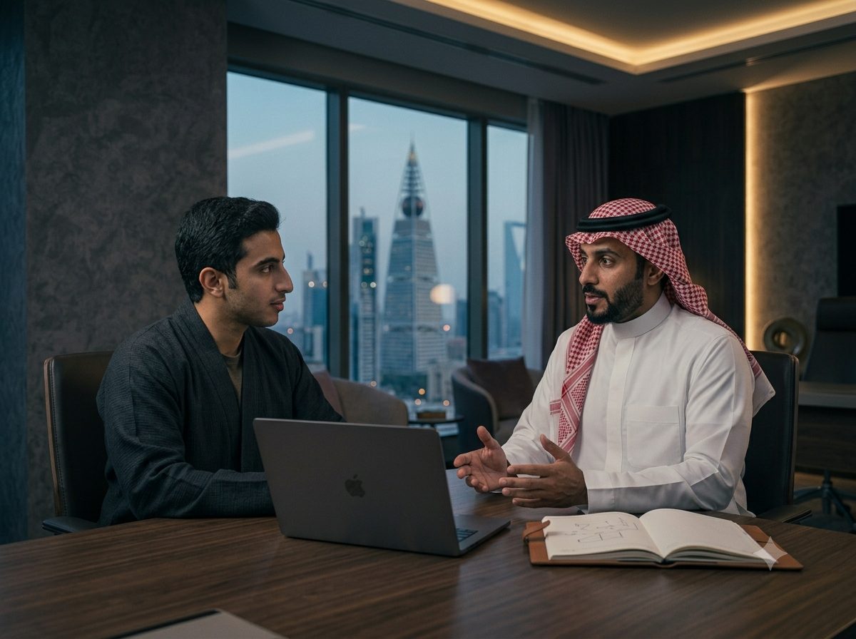 زميلان يتناقشان حول مكتب أمام حاسب محمول، أحدهما يشرح للآخر