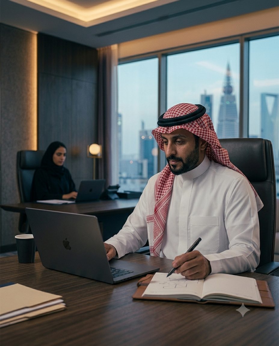 موظف يدوّن ملاحظاته بجانب حاسب محمول في مكتب، وزميلته تعمل في الخلفية