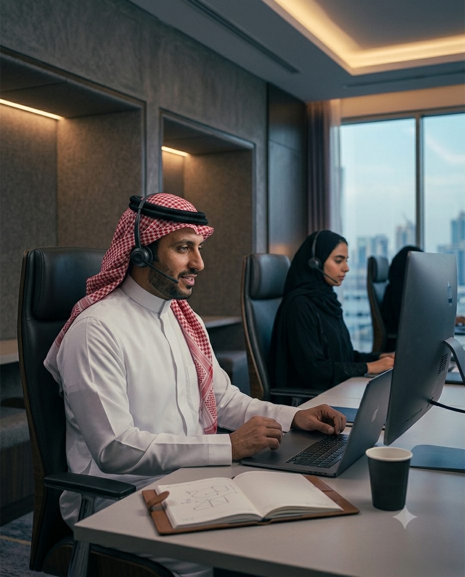 موظف دعم يرتدي سماعة رأس ويتابع طلبات العملاء على شاشته، وزميلته تعمل خلفه
